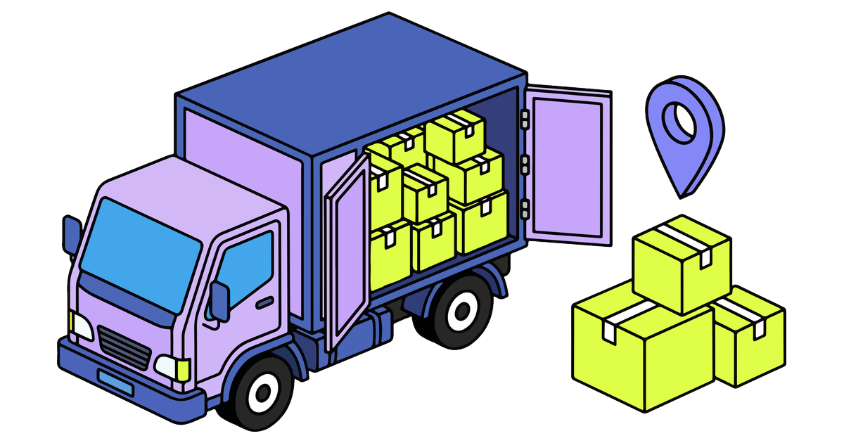 Illustration of a delivery truck loaded with boxes beside a map pin